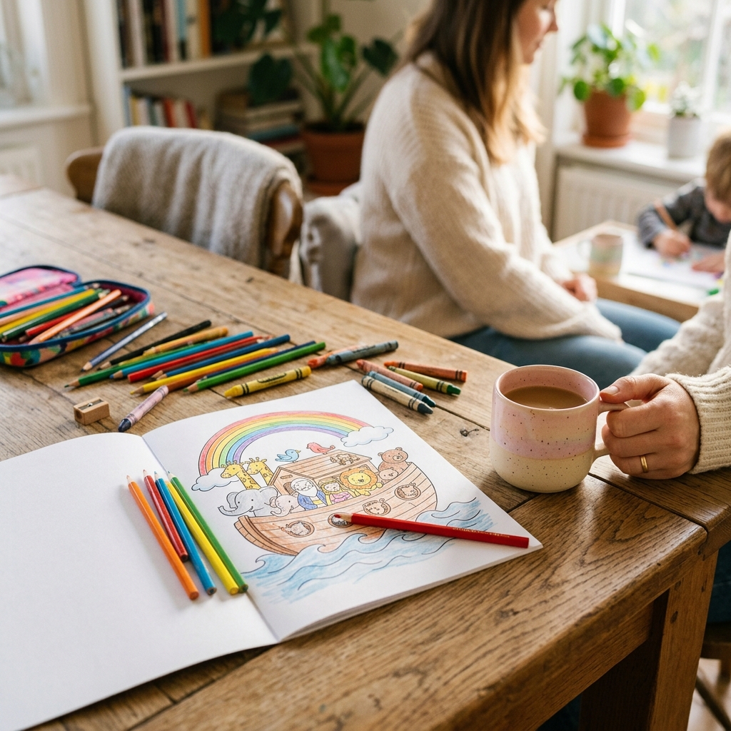 Família reunida à mesa colorindo histórias bíblicas